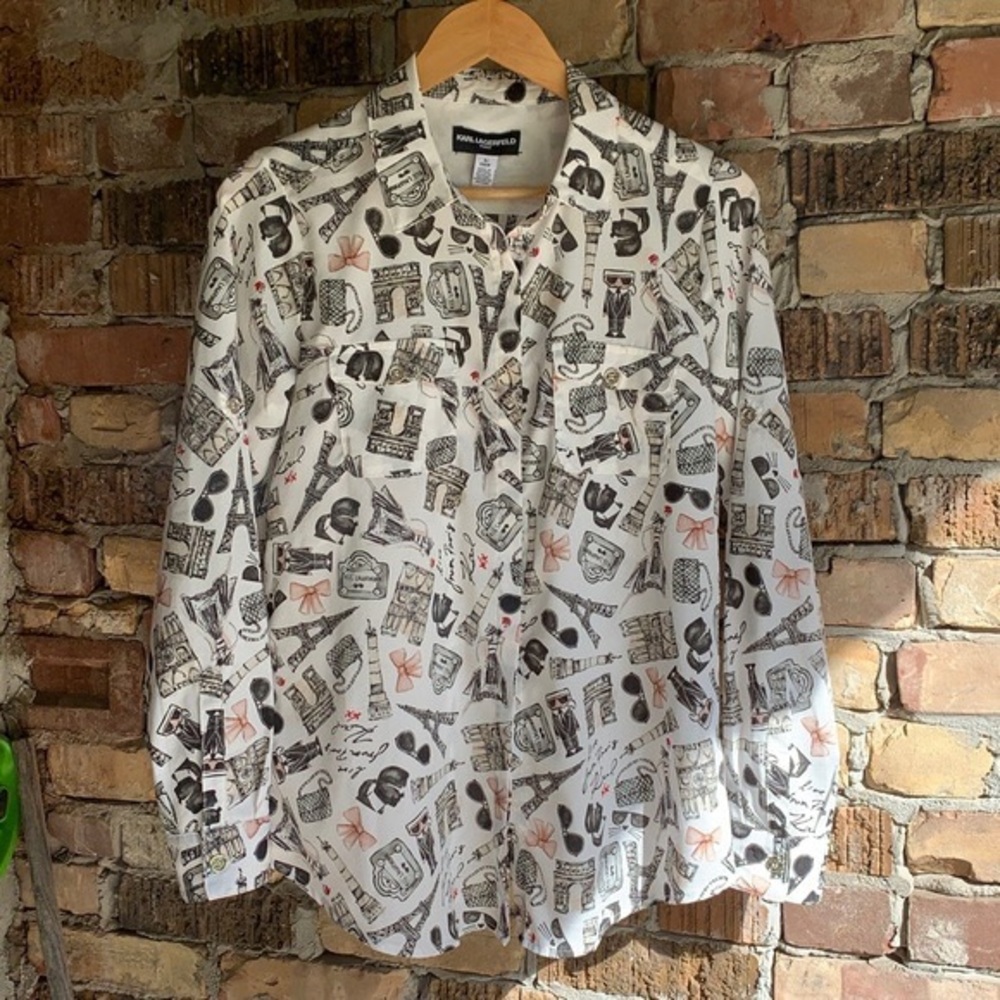 Karl Lagerfeld White Printed Lightweight Shirt Jacket with Blush Accents